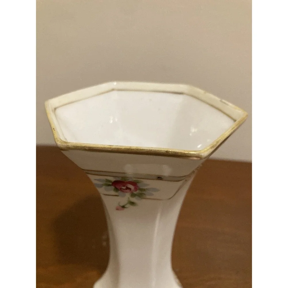 Vintage Hand Painted Porcelain Floral‎ Bud Vase Gold Gilt Moriage Hexagonal 6